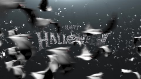 Animation text Happy Halloween and mystical halloween background with dark forest and fog, abstract backdrop. Luxury and elegant dynamic animation footage of halloween theme