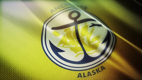 Anchorage city of Alaska flag is waving 3D animation. Anchorage of Alaska state flag waving in the wind. Anchorage city flag seamless loop animation. 4K