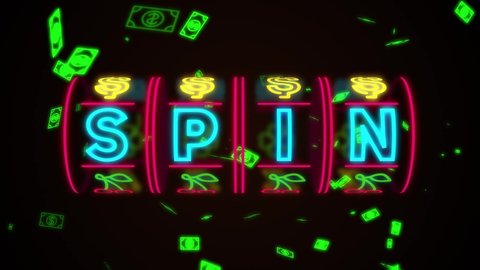 Neon casino slot machine spinning, money flying after win combination. Spin title