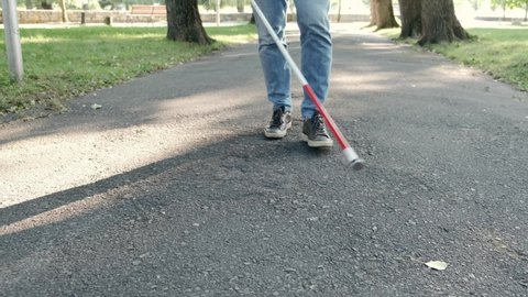 Blind man walking in park, using long cane to scan way for obstacle, orientation. Handicapped person and everyday life.