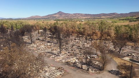 Aerial of burned area in Phoenix Oregon from Almeda Fire 2020 that destroyed almost 3000 structures and cost four lives. This view is of burned mobile home park.