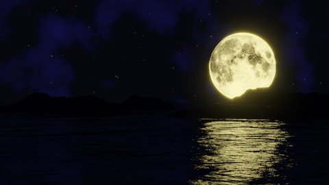Astronomical Phenomenon the golden yellow full moon is reflected in the sea. The shadow of the island in the ocean The sky has many stars. Ripples on the sea at night.3D Rendering