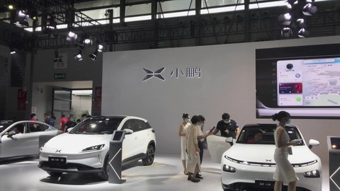 Shanghai, China - Sep 30, 2020: Xpeng booth showroom in Shanghai Pudong International Auto Show. Xpeng or Xiaopeng Motors, also known as XMotors.ai, is a Chinese electric vehicle manufacturer