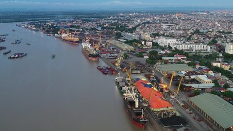 Hai phong, Vietnam Aug 2020 4k aerial video of Hai Phong Terminal 1 look from Hoang Van Thu Bridge during late afternoon