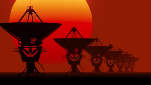 Array of Radio Telescopes with Setting Sun and Heat Distortion - 3D Illustration Animation