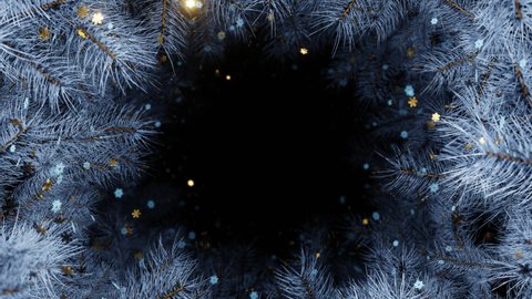New year and Christmas 2021, 2022. Background. Frozen of  Christmas tree branches with gold and white snowflakes. 4K 3D loop animation. More in my collections.