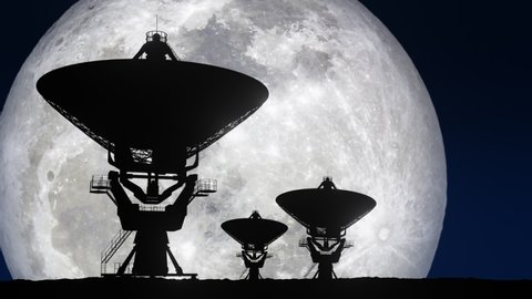 Three Radio Telescopes with Giant Moon in Background Time lapse - 3D Illustration Animation.  Moon Image Courtesy of NASA.