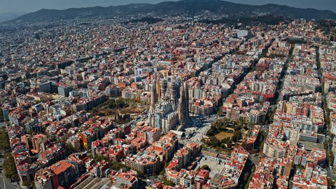 BARCELONA, SPAIN - LUNE 2020: Aerial view of facade of the Sagrada Familia, Barcelona