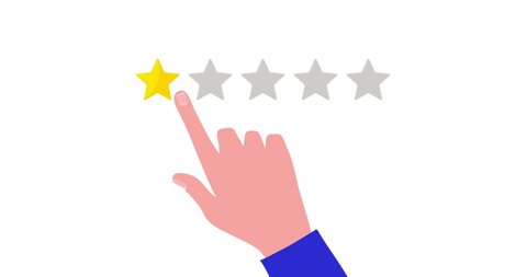 Seamless 4K Stock video, white background. Looped motion animated footage, hand pressing one star rating.  2d animation, dissatisfied customer gives bad review, negative client feedback, poor service