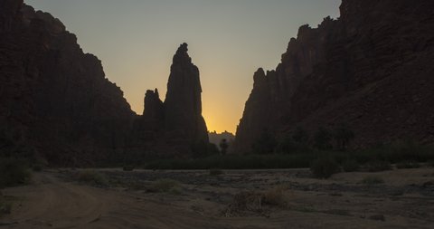 Sunrise time lapse within Wadi Al Disah valley, Tabuk region of Saudi Arabia.