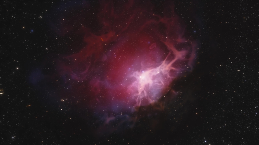 Spaceship flies around the Orion nebula in space. Billions of stars in the Milky Way galaxy. Beautiful red nebula and clusters of stars | Shutterstock HD Video #1060261232