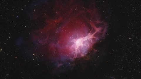 Spaceship flies around the Orion nebula in space. Billions of stars in the Milky Way galaxy. Beautiful red nebula and clusters of stars