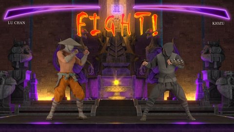 Fighting Video Game: Kombat. Fantastic Duel Game Between Two Warriors In The Scenery Of A Gloomy Castle. 3d Generated And Rendered Video