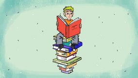 kid with book sitting on a giant stack of books comic cartoon looped animation