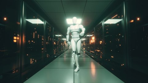 Dancing robot in the server room. Data servers behind glass panels in the server room of the data center. Seamless loop 3d render