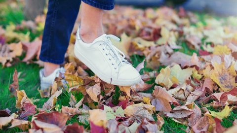 Closeup female legs in white shoes and jeans walking on fallen multicolored autumn leaves tracking shot. Woman feet going on park or garden grass covering fall foliage. Shot with RED camera in 4K