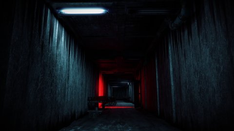 Dark creepy psychiatric ward hallway with flickering light, horror Halloween scene