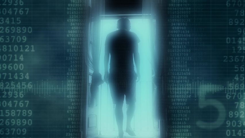 Man Enters Matrix Source Code. Silhouette of a man opens a window to the matrix and walks inside source code | Shutterstock HD Video #1060283012