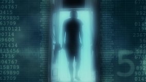 Man Enters Matrix Source Code. Silhouette of a man opens a window to the matrix and walks inside source code - Powered by Shutterstock - Get 15% off with code: PIKWIZARD15