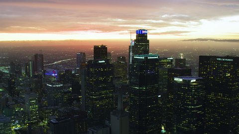 Los Angeles, California. Circa, 2019. Aerial view of the Financial District in Downtown LA. Beautiful view of Los Angeles skyline after sunset.  Shot on Red Weapon 8K.
