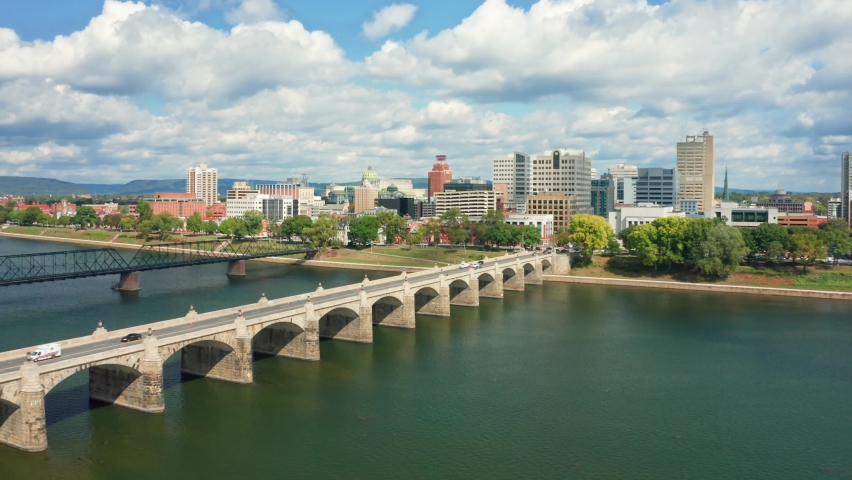 Aerial panning along Harrisburg, PA skyline. Harrisburg is the capital of state and houses the government for the U.S. state of Pennsylvania