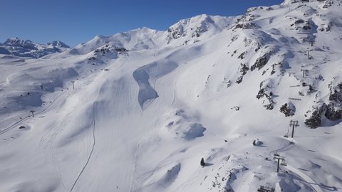 Aerial view of skiers on ski slopes Obertauern, Salzburger Land of Austria.