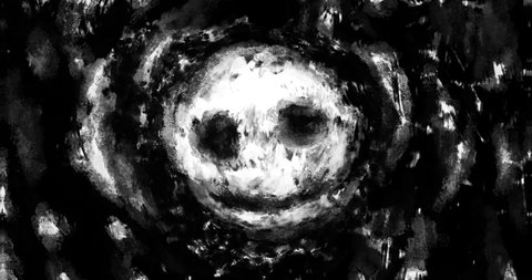 Creepy smile 2d animation. Motion graphics with drawn demonic character. Animated 4K video clip nightmares for Halloween. Black and white abstract background. Grunge, ink, noise, coal and dust effects