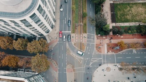 Düsseldorf, Germany - drone shot of the city center showing a busy business street with many cars and pedestrians