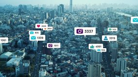 Notice balloons of social networking service pop-up above modern city. Social media. - Powered by Shutterstock - Get 15% off with code: PIKWIZARD15