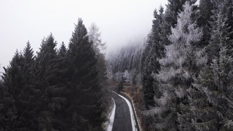 Aerial view of a car driving in a foggy day in mountain. Car driving in a curved road with near white snowy trees. slow motion