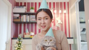 POV Asian woman holding cute cat enjoy celebrating and waving in party via video call conference, new normal for birthday Christmas and new year party.
