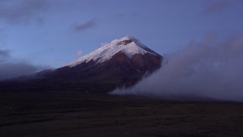 Cotopaxi volcano timelapse in 4K. Sunrise. Andes region of Ecuador, South America.