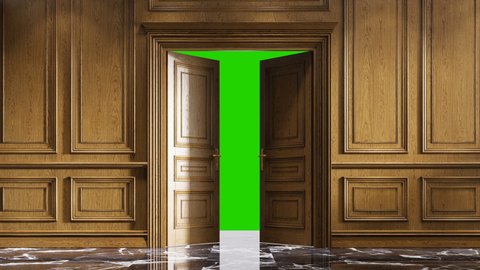 Classic door opening to the green chroma key background, 4k
