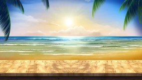 Empty Top of wood table with sea and island Beautiful Animated Video Background