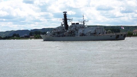 ROUEN, FRANCE - JUNE Circa, 2019. Naval minesweeper on the Seine river for Armada festival. Very tight and close-knit community during operational phase