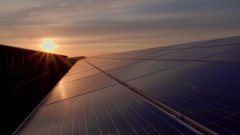  Video 4K large industrial Solar Energy Farm producing concentrated solar power day to night.Green energy concept.