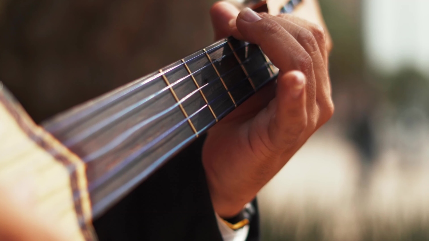 4k Video of a mariachi playing a five strings instrument called vihuela while a blurry street as the background Royalty-Free Stock Footage #1060330571
