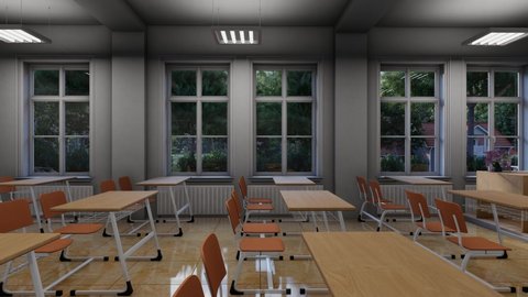 Side View of Desks and Chairs Inside an Empty Classroom in the Daytime 3D Rendering