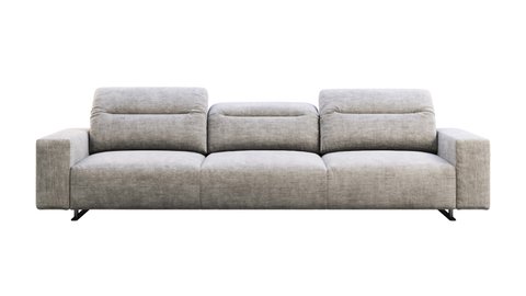 Circular animation of gray fabric sofa with adjustable backrest. Textile upholstery sofa on white background. Modern, Loft, Scandinavian interior. Turntable 3d render