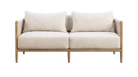 Circular animation of light beige fabric sofa with a braided back on white background. Outdoor wooden loveseat with wicker back and armrest. Turntable 3d render