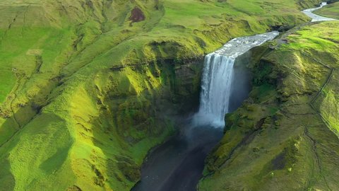 Skogafoss, Iceland's famous Ring Road waterfall. Aerial drone view of the magnificent natural wonder 