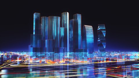 Glowing neon colorful statistic hologram of the city on a dark background. Moscow city, Russia. Cyberpunk concept. Digital 3D-Rendered modern animation for business presentations.