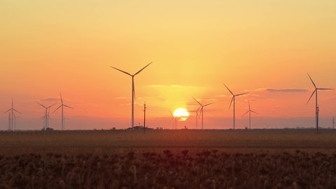 Beautiful Rising sun over wind-powered electrical generators (Wind turbine) and sunflower field.
