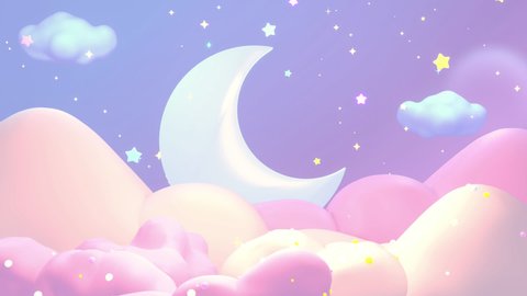 Looped cartoon lullaby animation. Silver crescent moon, stars, and pastel pink clouds.
