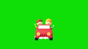 Looped cartoon young people in the car animation. Green screen background for keying effect.