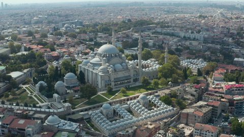 Suleymaniye Mosque with clear Sky and Impressive Architecture in Istanbul, Turkey, Epic Aerial Wide View from above