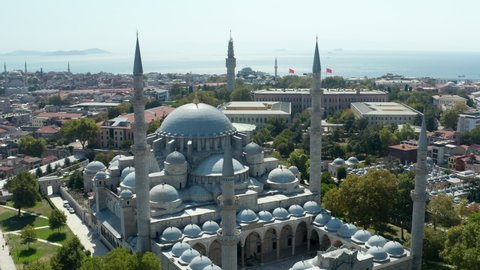 Suleymaniye Mosque with clear Sky and Impressive Architecture in Istanbul, Turkey, Aerial Wide View from above