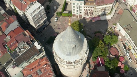 Top of Galata Tower on Square in Istanbul, Turkey from an Aerial overhead top down Birds Eye View perspective