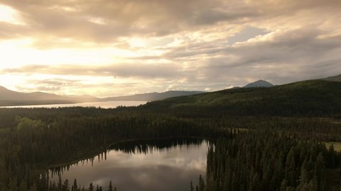 Stunning View of Serene Lakes surrounded by Beautiful Trees in Canadian Nature along Alaska Highway. Aerial Drone Shot. Southern Yukon, Canada. 4K