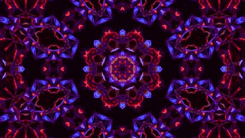 Abstract Red and Blue Shiny Kaleidoscope Patterns. 4K Geometric Animation Background. Unique Kaleidoscopic Design. Seamless Loop